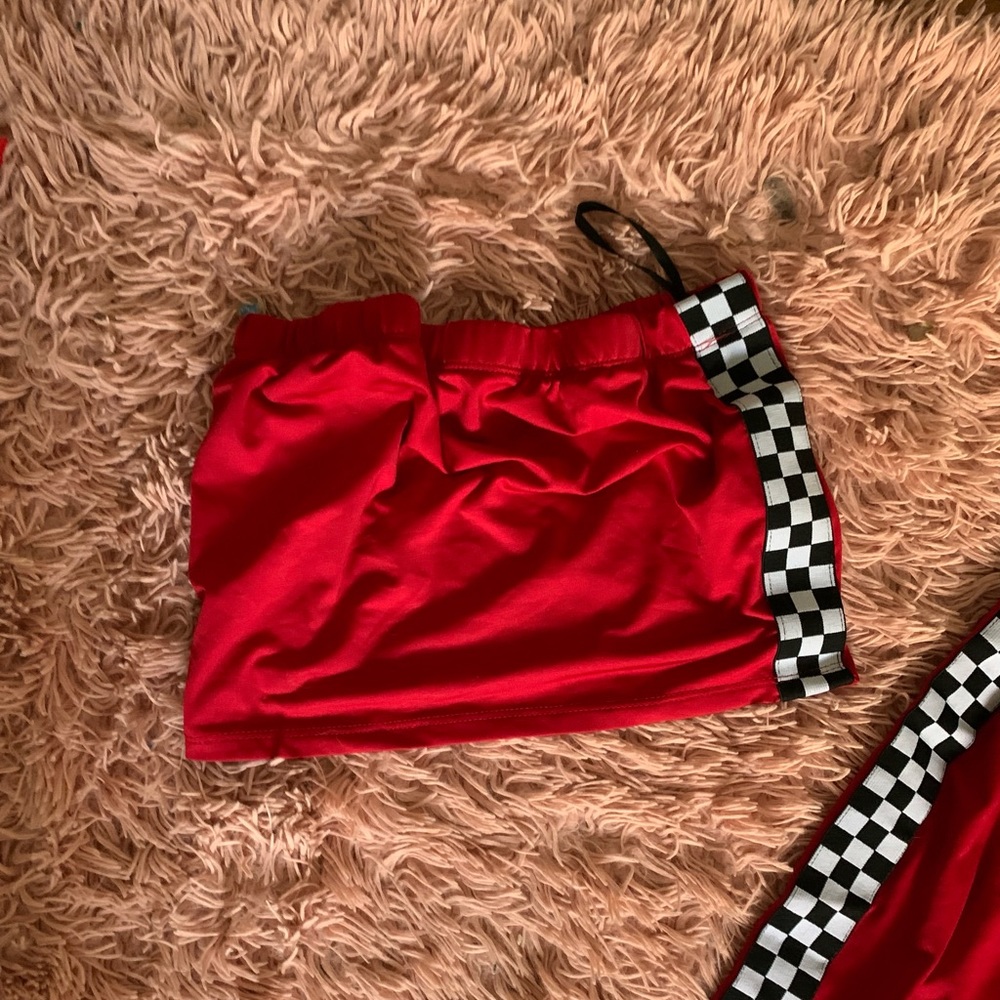Matching silk set tube top and pants.
